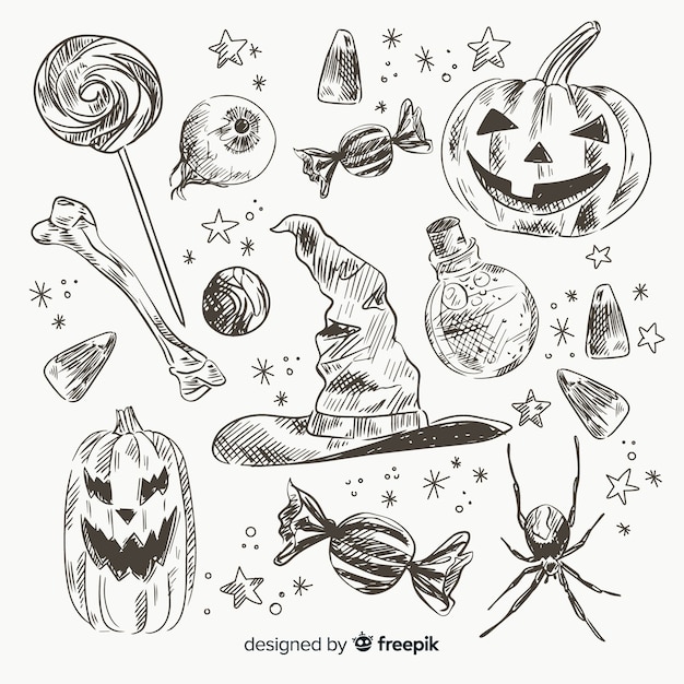 Realistic hand drawn halloween element collectio