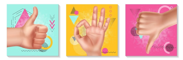 Realistic hand gestures collection with female hands showing okay thumb up and down signs