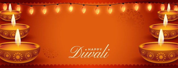 Free Vector realistic happy diwali festival banner with lights and diya decoration