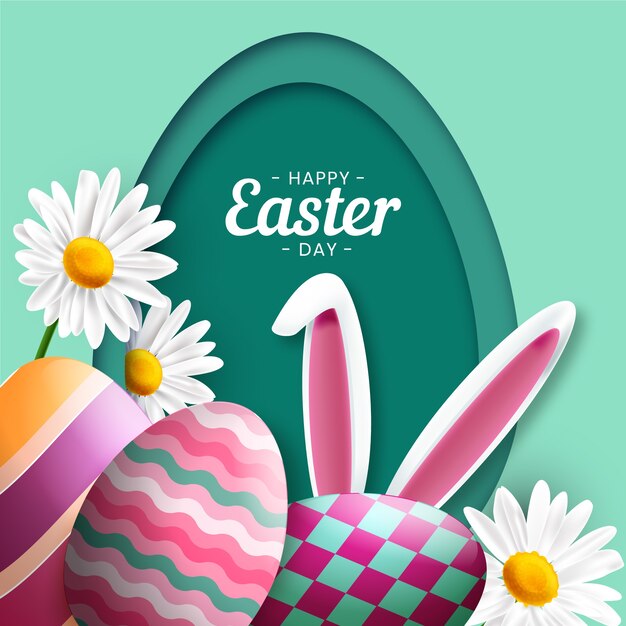 Realistic happy easter day eggs and bunny ears