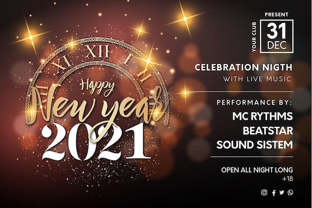 Realistic Happy New year 2021 Night Event Poster with Golden Texture and Bokeh