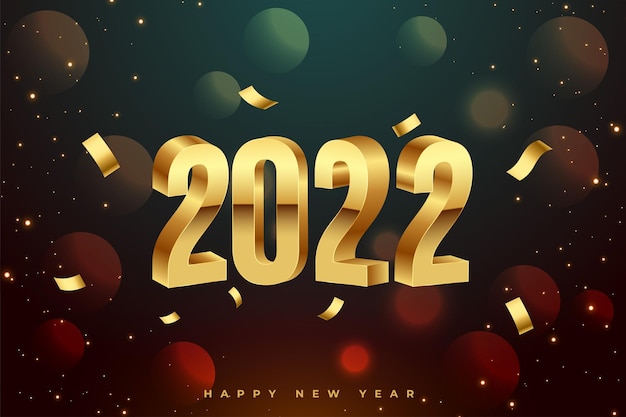 Realistic happy new year 2022 golden 3d text with confetti background