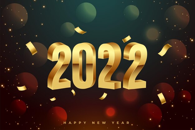 Realistic happy new year 2022 golden 3d text with confetti background