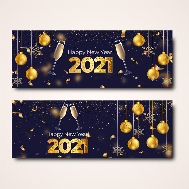 Realistic happy new year 2022 horizontal banners set