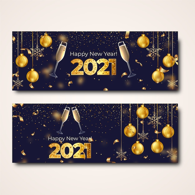 Realistic happy new year 2022 horizontal banners set