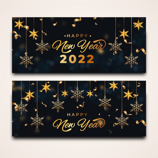 Realistic happy new year 2022 horizontal banners set