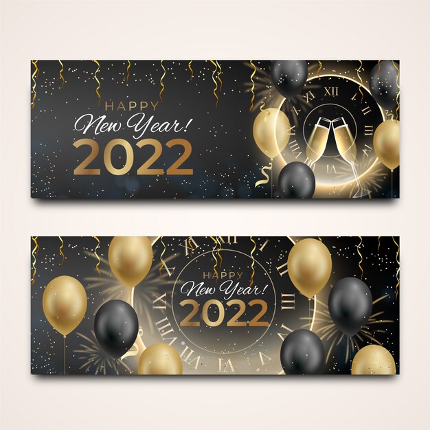 Realistic happy new year 2022 horizontal banners set