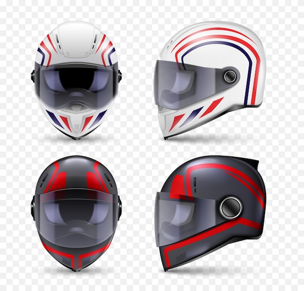 Free Vector realistic helmet motorbike set of isolated front and side view images of crash helmet with artwork vector illustration