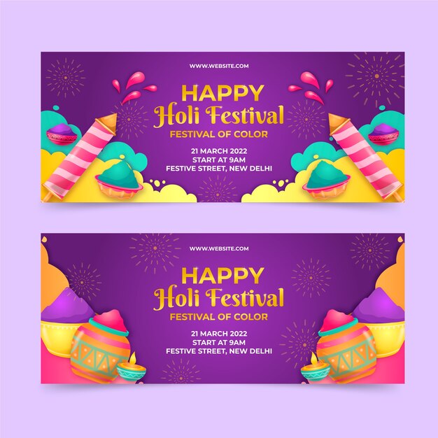 Realistic holi horizontal banners set