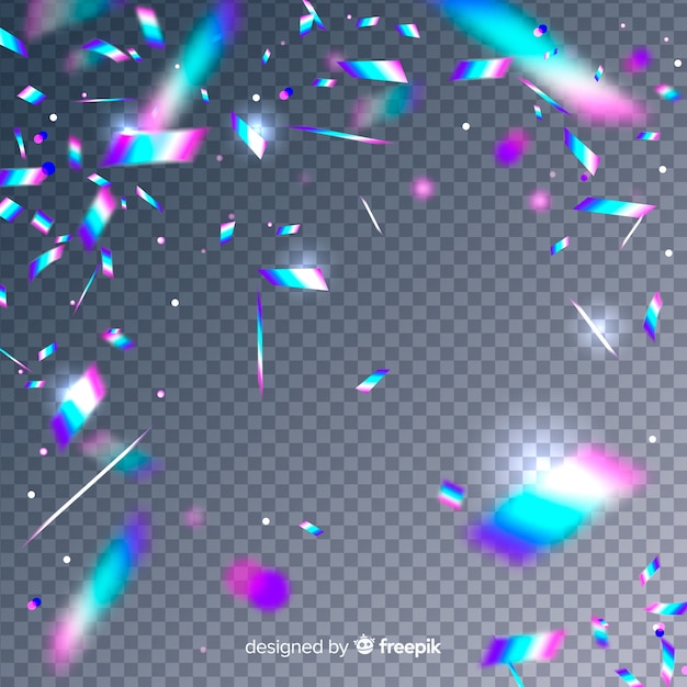 Realistic holographic confetti falling background