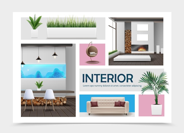 Free Vector realistic home interior elements collection with sofa pillows table wicker modern chair plants and grass in flowerpots lamps aquarium fireplace  illustration