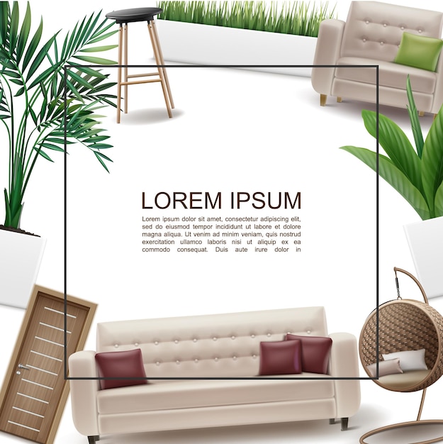 Free Vector realistic home interior template with frame for text wooden door sofa pillows wicker and bar chairs armchair grass and plants in flowerpots  frame