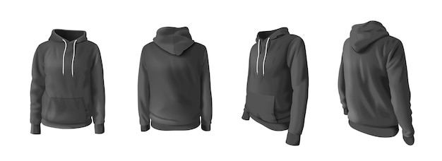 Realistic hoodie and hooded sweatshirts mockup set in black color isolated vector illustration