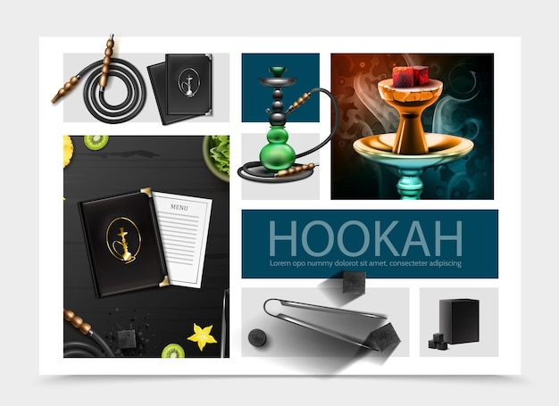 Free Vector realistic hookah bar composition with menu cover and card shisha hose tobacco tongs coal cubes fruits slices