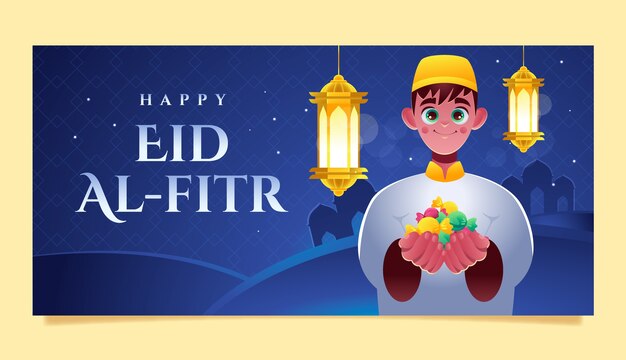 Realistic horizontal banner template for eid al-fitr celebration