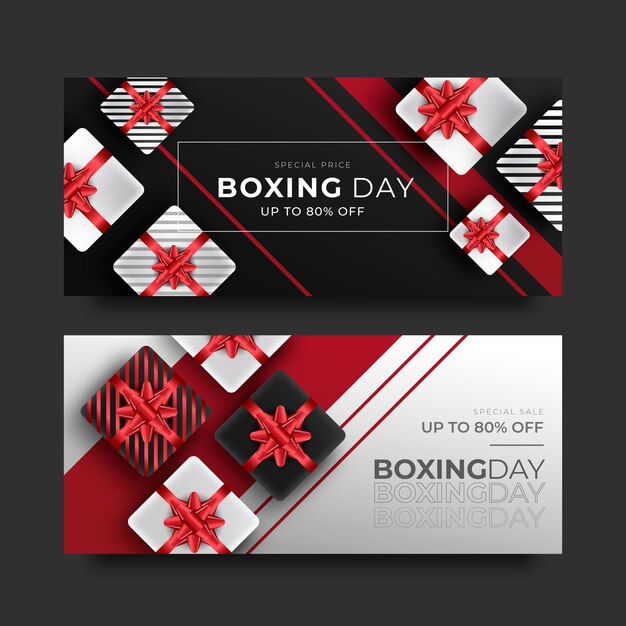 Realistic horizontal boxing day sale banners set