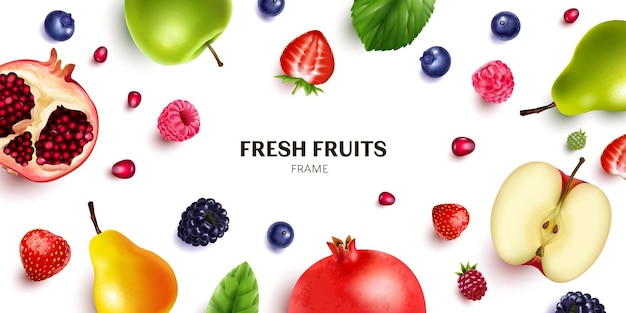 Realistic horizontal frame with fresh fruits and berries on white background vector illustration