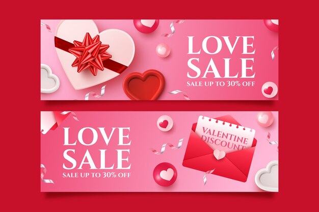 Realistic horizontal sale banners set for valentine's day