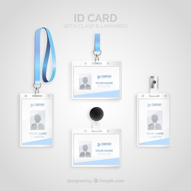 Realistic id card with clasp and lanyards