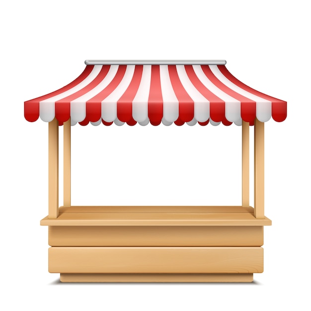 realistic illustration of empty market stall with red and white striped awning 