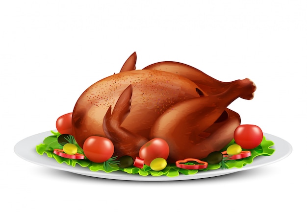 Free Vector realistic illustration of roasted turkey or grilled chicken with spices and vegetables