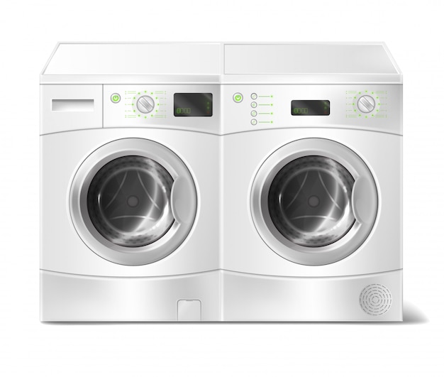 realistic illustration of white front-load washer and dryer, empty inside