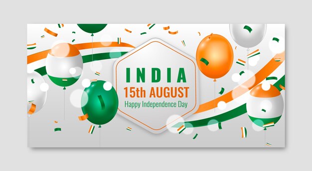 Free Vector realistic india independence day horizontal banner template with balloons and confetti