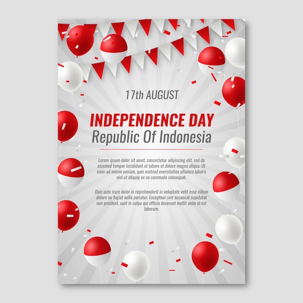 Free Vector realistic indonesia independence day vertical poster template with balloons and confetti