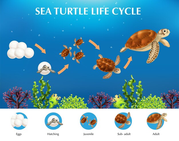 Realistic infographics presenting life cycle of sea turtles from eggs to adult vector illustration