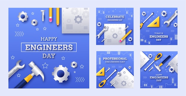 Free vector realistic instagram posts collection for engineers day celebration