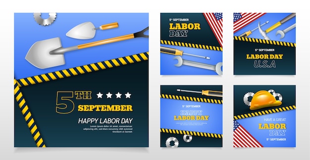 Realistic instagram posts collection for labor day celebration