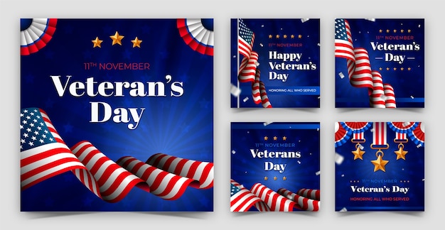 Free vector realistic instagram posts collection for us veterans day holiday