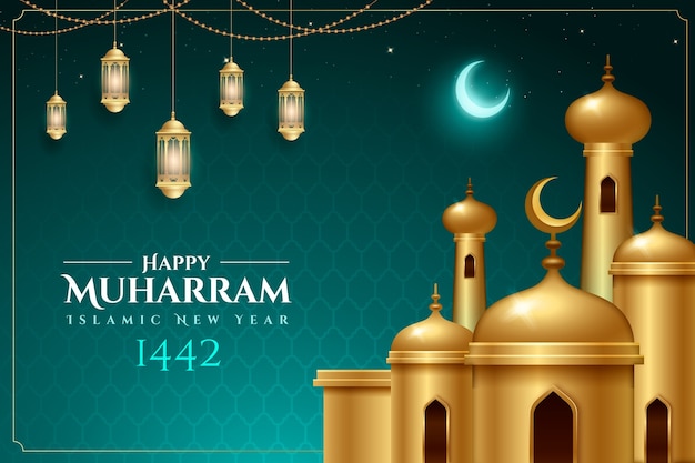 Realistic islamic new year background with lanterns and palace