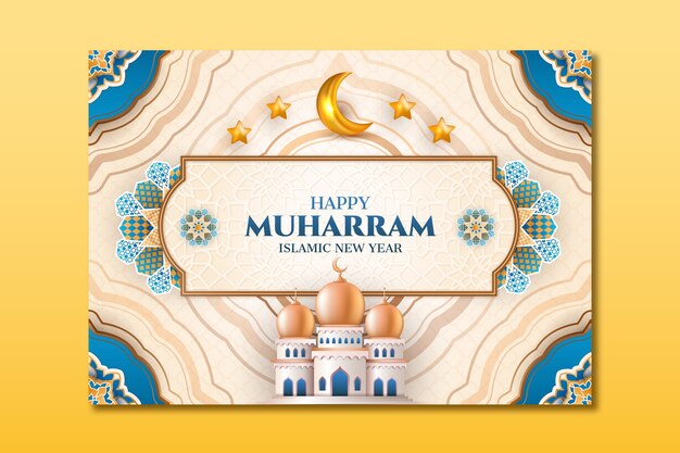 Realistic islamic new year greeting card template with palace and crescent moon