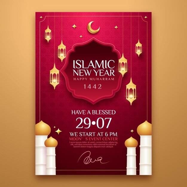 Realistic islamic new year greeting card template