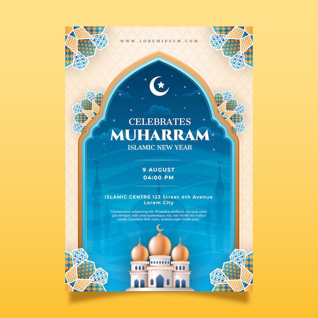 Realistic islamic new year poster template with crescent moon