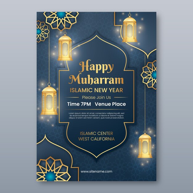 Realistic islamic new year vertical poster template with lanterns