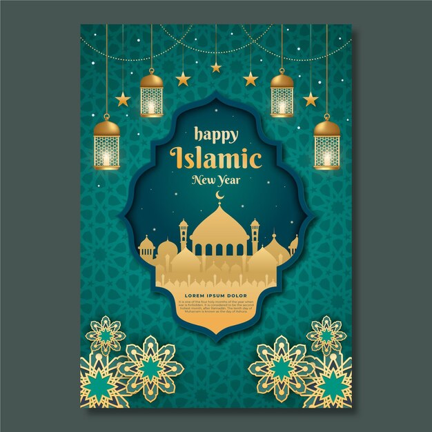 Realistic islamic new year vertical poster template