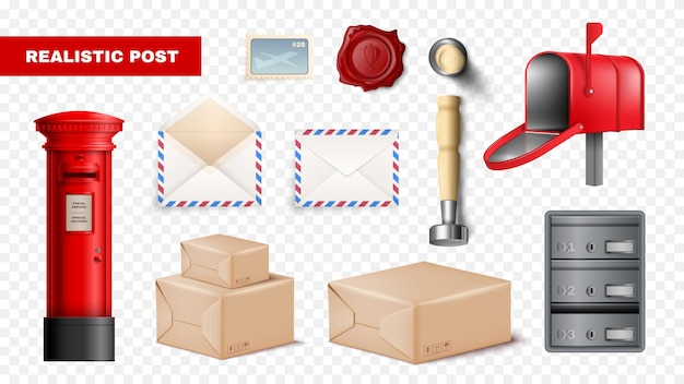 Free Vector realistic isolated post transparent icon set with post red box envelops wax stamp and stack of packages vector illustration