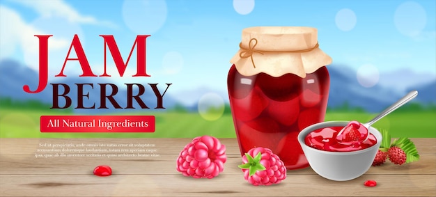 Free Vector realistic jam poster with ripe berries in can vector illustration