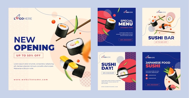 Free vector realistic japanese restaurant instagram posts