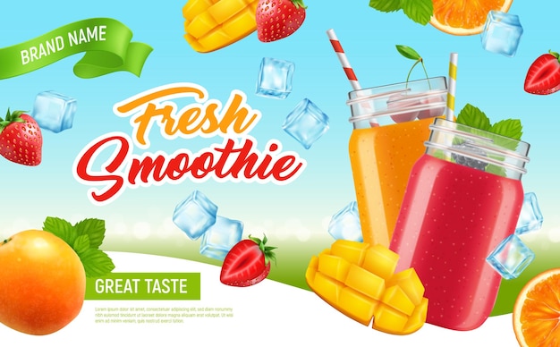 Realistic jar cocktail smoothie horizontal advertising poster