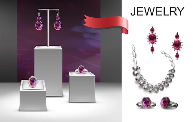 Realistic jewelry composition with earrings brooch rings with jewels on stands and silver necklace illustration