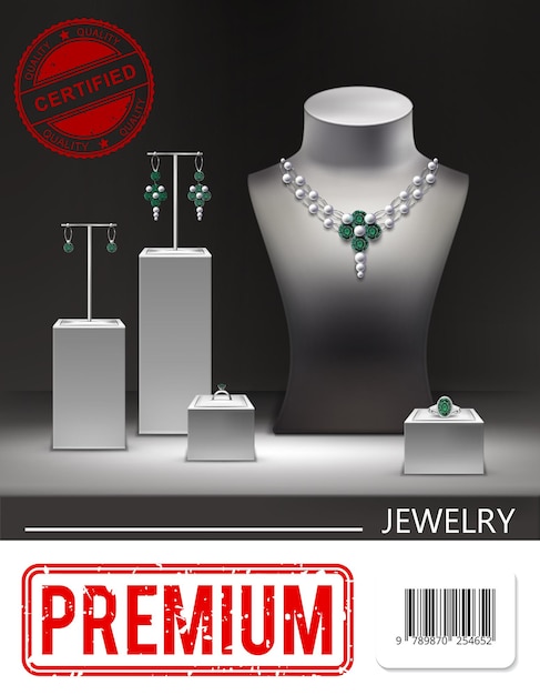 Free Vector realistic jewelry promotional poster with silver necklace earrings rings with emeralds diamonds on stands and dummy illustration