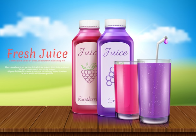 Realistic juice bottles, glass. Cup, plastic transparent containers for raspberry juice