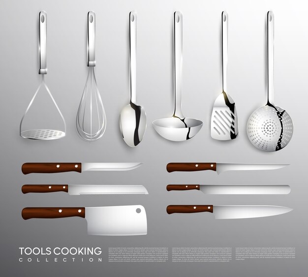 Realistic kitchen equipment collection with cooking tools