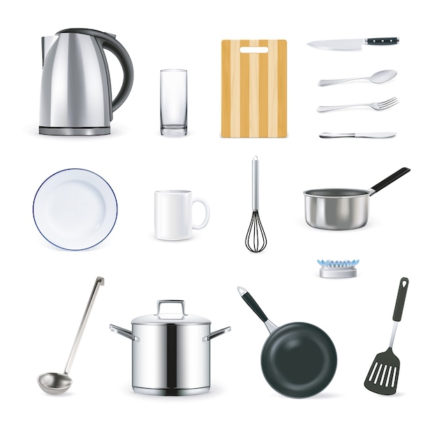 Realistic Kitchen Utensils Icons Set 