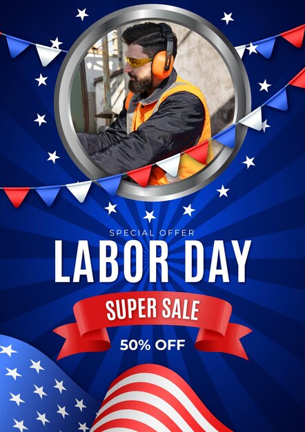 Realistic labor day vertical sale poster template with photo