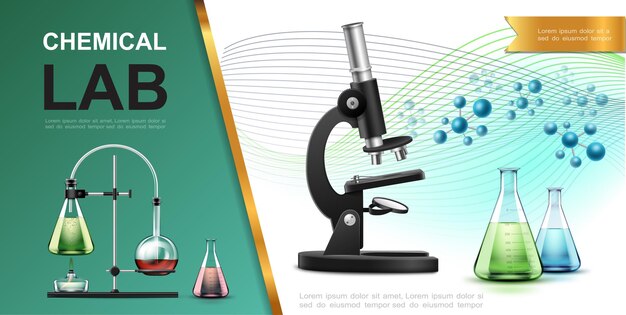 Realistic laboratory chemical research template with microscope flasks tubes spirit lamp burner and molecules illustration