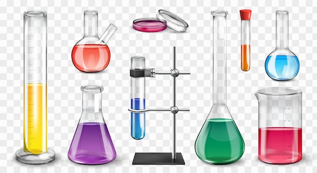 Free Vector realistic laboratory set of isolated icons on transparent background with test tubes measurement jars and flasks vector illustration